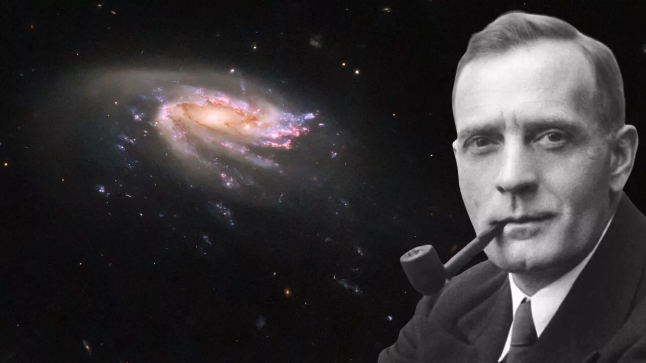 Illustration af Edwin Hubble, der er ophavsmand til stort gennembrud om galakser. På billedet ses også et billede af en galakse.