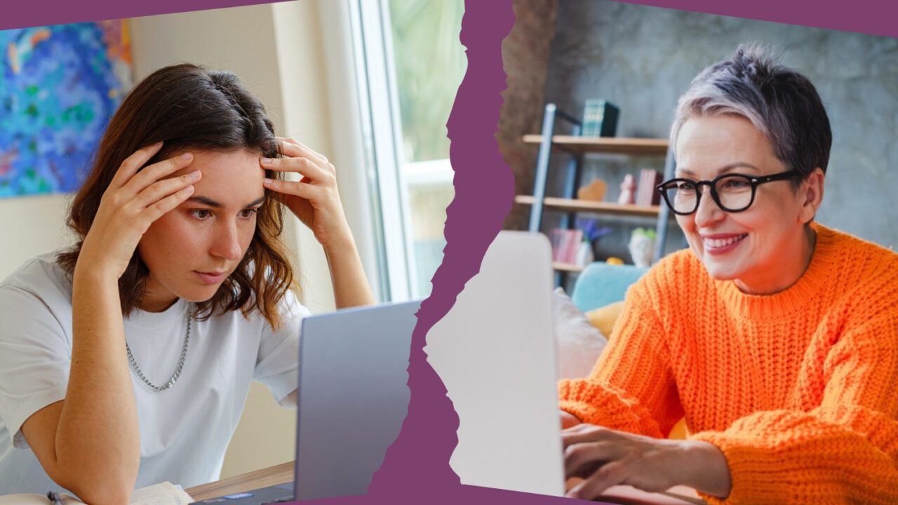 Ung kvinde på sit hjemmekontor, hvor hun ser frustreret ud. Ældre kvinde på sit hjemmekontor ser glad ud.