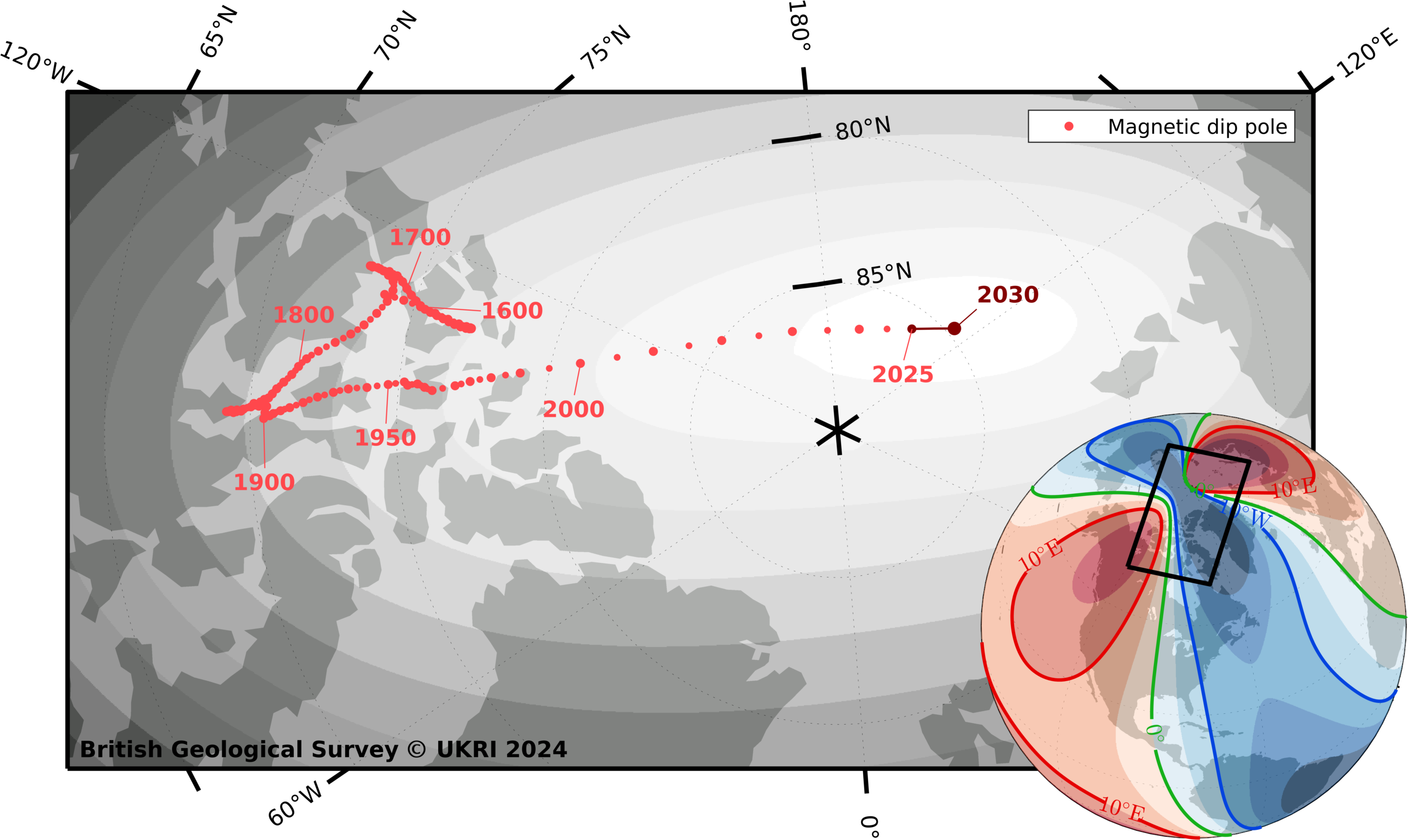 Her kan du se, hvordan den magnetiske nordpol har flyttet sig siden 1590 og frem til i dag