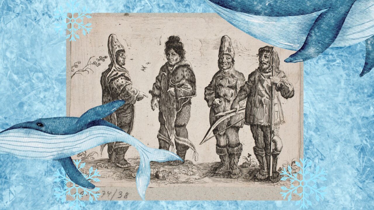Illustration med tegning af inuitter i Grønland fra 1600-tallet på en baggrund af ishav med hvaler omkring.