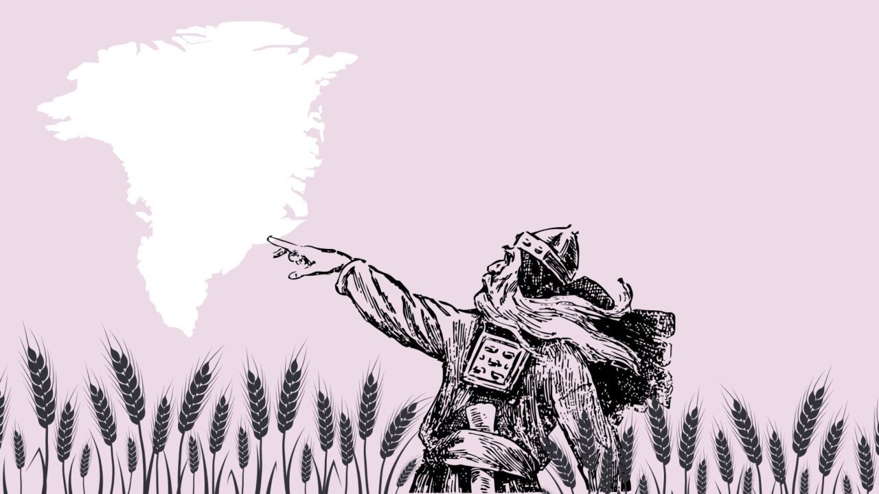 Illustration af viking, der kigger ud mod Grønland fra en dansk mark.