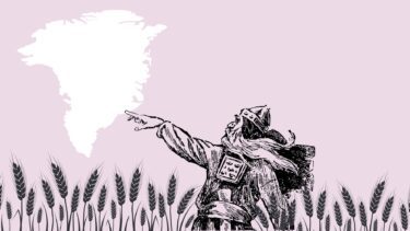 Illustration af viking, der kigger ud mod Grønland fra en dansk mark.