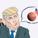 En illustration af Trump, der snakker om Mars, og en lille Elon Musk der sidder på skulderen
