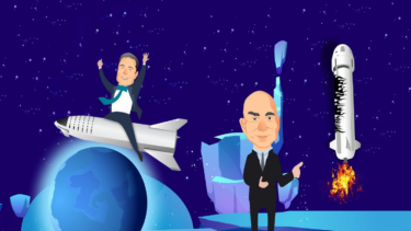 Illustration af Elon Musk og Jeff Bezos i rummet
