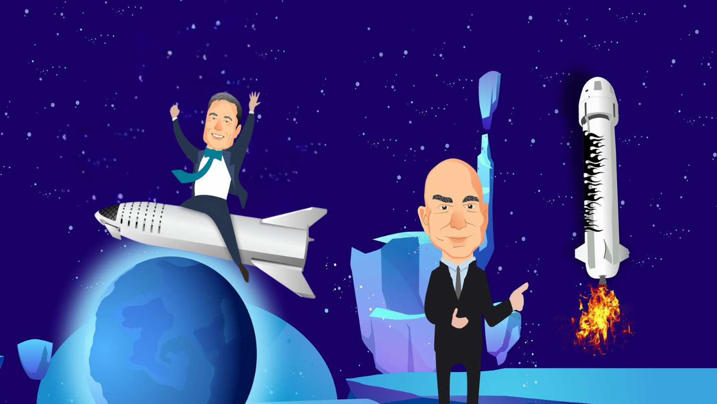 Illustration af Elon Musk og Jeff Bezos i rummet