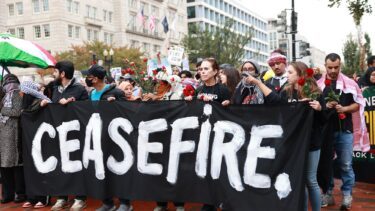 Billede fra demonstration for fred mellem Israel og Palæstina i Washington, USA.