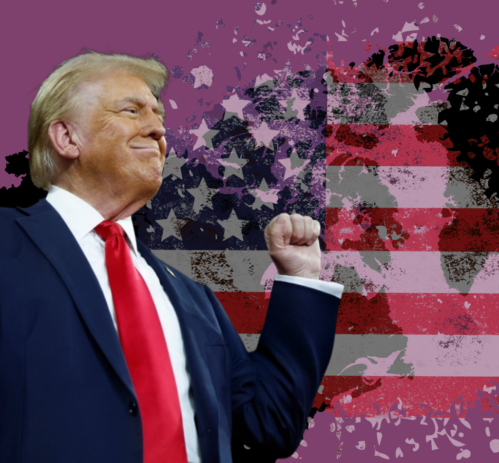 Trump foran et verdenskort med det amerikanske flag henover