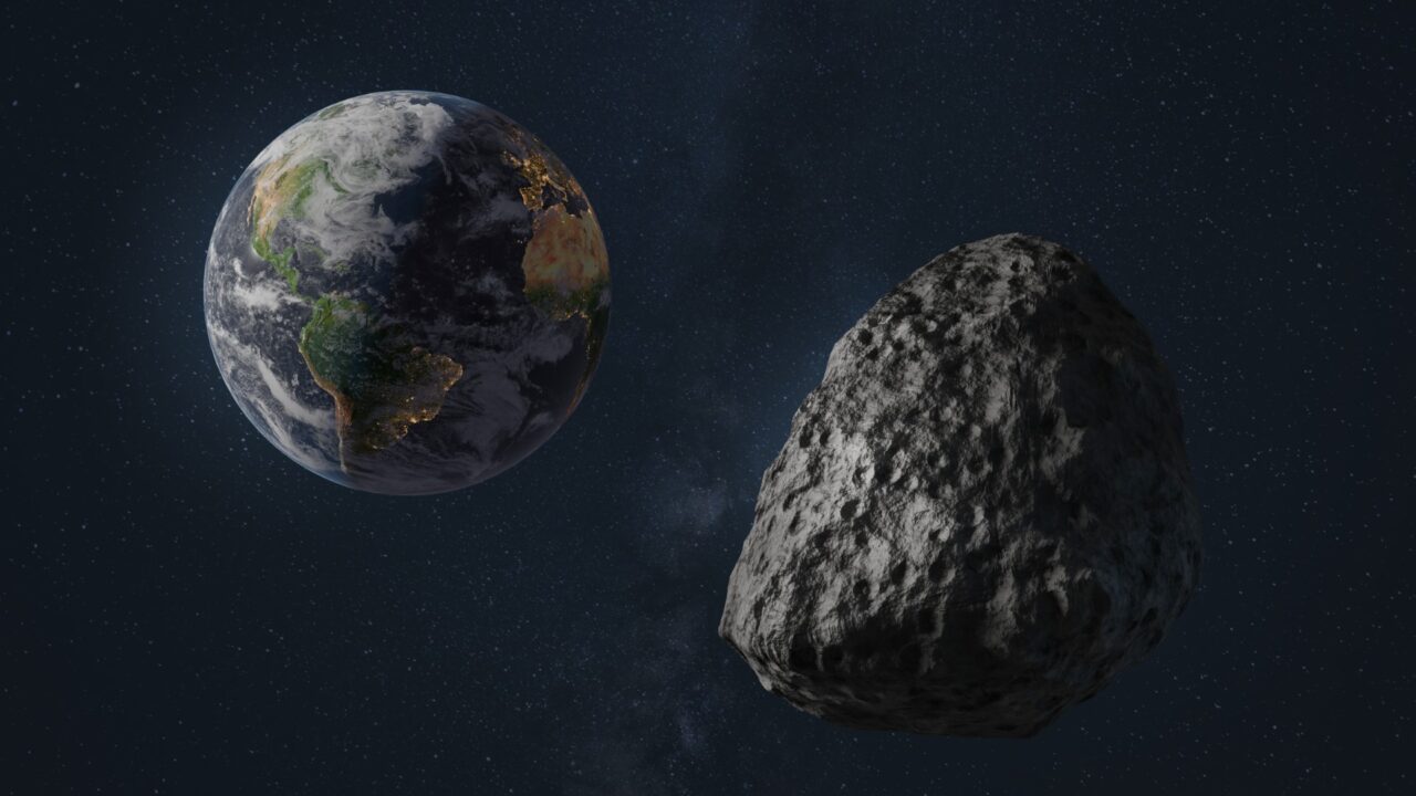 Asteroide med Jorden i baggrunden