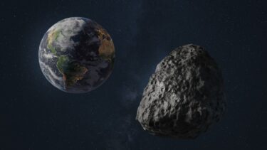 Asteroide med Jorden i baggrunden