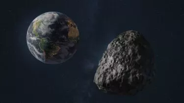 Asteroide med Jorden i baggrunden