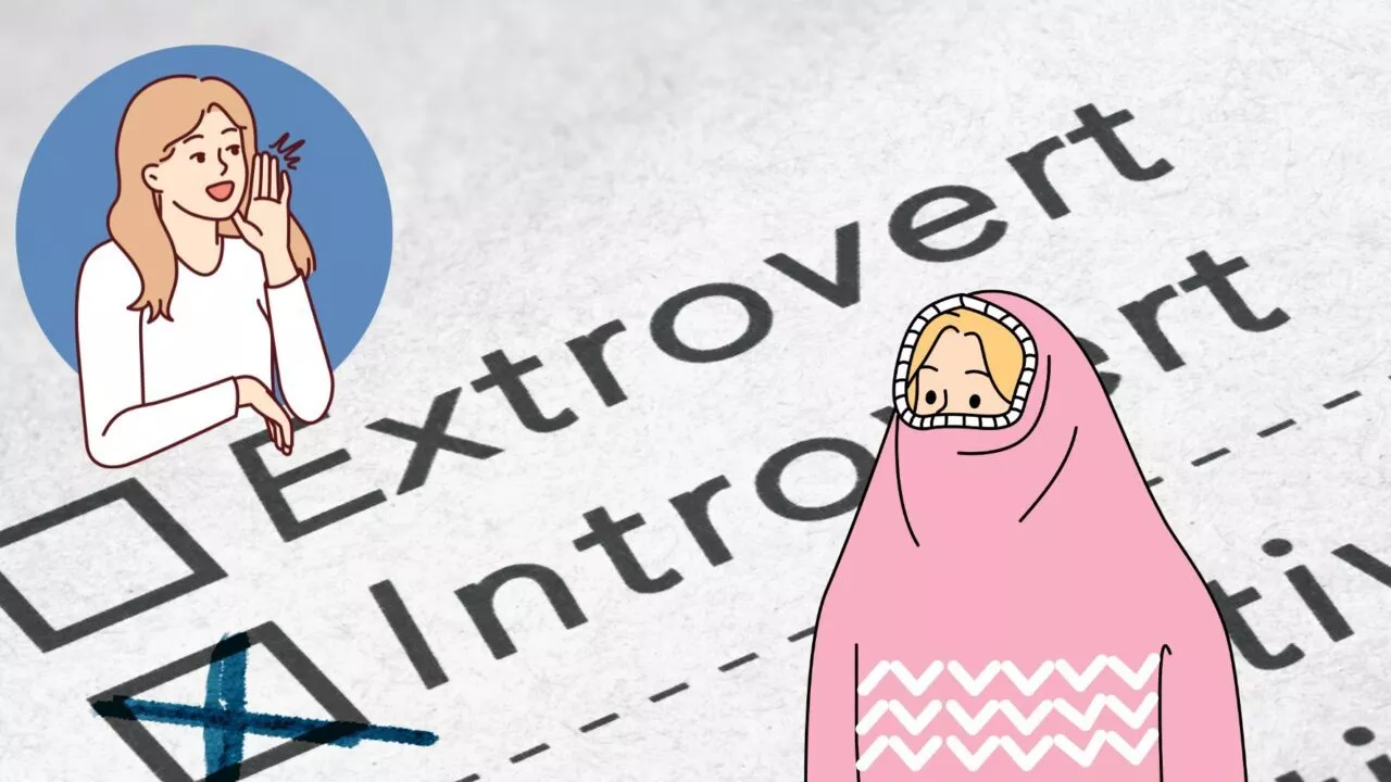Illustration med to forskellige personer - én, der er ekstrovert og en, der er introvert