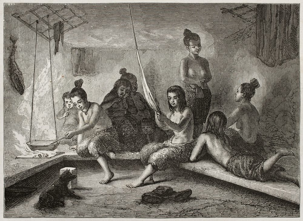Illustration af inuitkvinder i fælleshus.