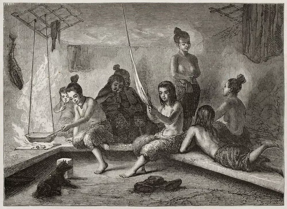 Illustration af inuitkvinder i fælleshus.