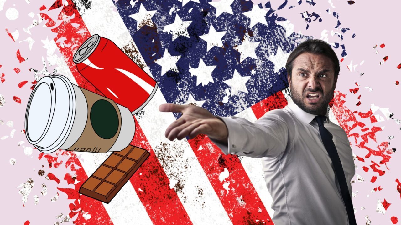 Illustration med mand, der smider amerikanske varer væk