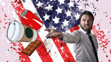 Illustration med mand, der smider amerikanske varer væk