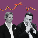 ALice Weidel og Elon Musk ses ved siden af hinanden under en båndsløjfe i tyske farver