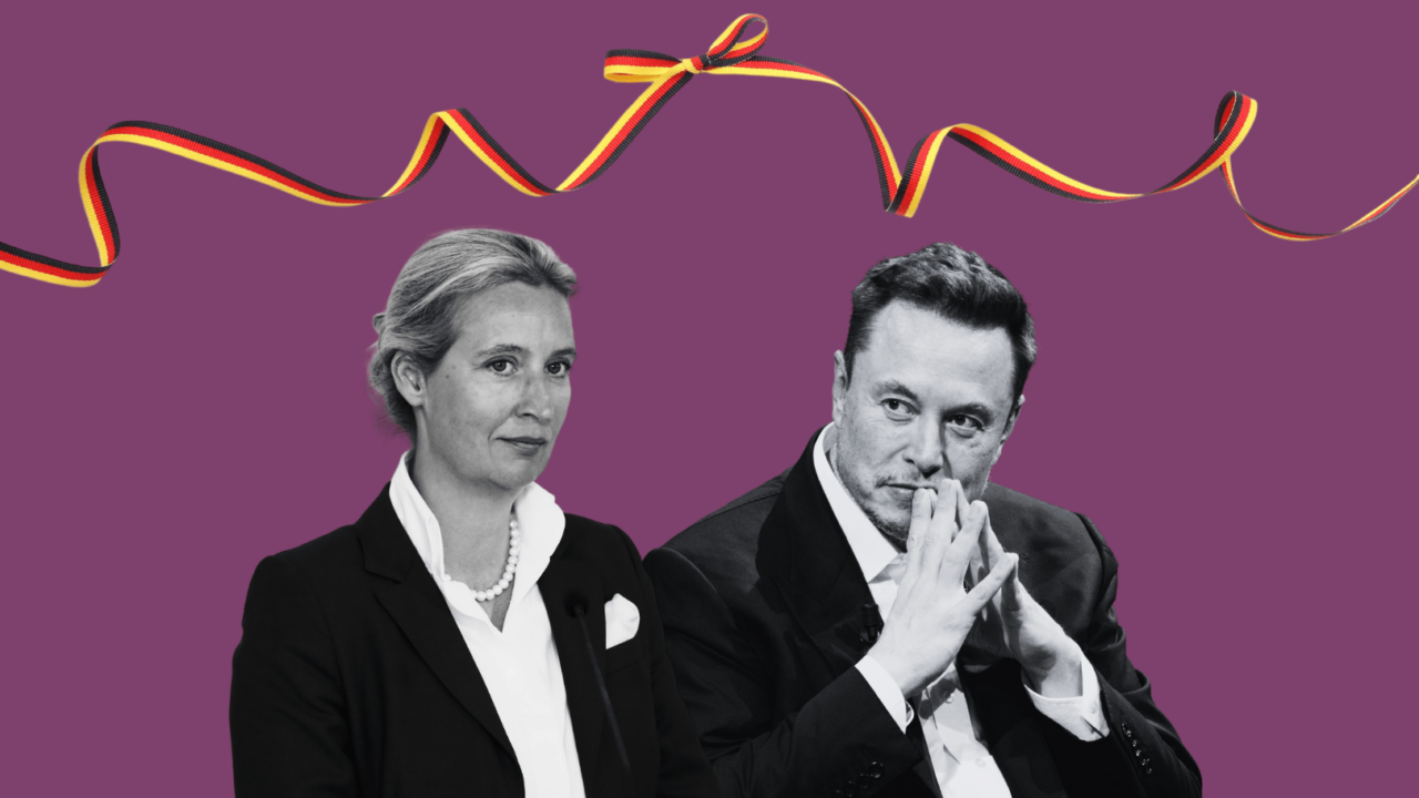 ALice Weidel og Elon Musk ses ved siden af hinanden under en båndsløjfe i tyske farver