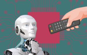 En AI-robot med et eftertænksomt blik og en hånd, der peger en fjernbetjening mod den