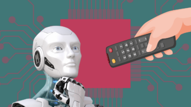 En AI-robot med et eftertænksomt blik og en hånd, der peger en fjernbetjening mod den