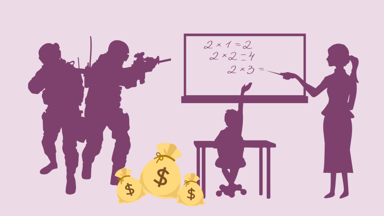 Illustration med silhuetten af en lærer og en elev på den ene side og soldater på den anden side og poser med penge i midten
