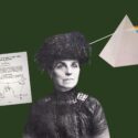 En collage af Margrete Bose med en videnskabelig artikel på den ene side og et billede af lys, der brydes af et prisme på den anden side.
