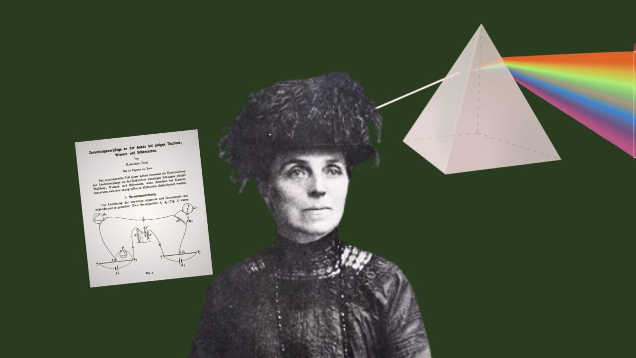 En collage af Margrete Bose med en videnskabelig artikel på den ene side og et billede af lys, der brydes af et prisme på den anden side.