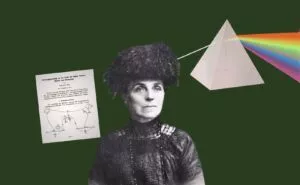 En collage af Margrete Bose med en videnskabelig artikel på den ene side og et billede af lys, der brydes af et prisme på den anden side.