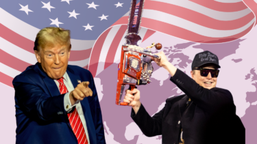 Musk og Trump foran det amerikanske flag, der drysser ned over et verdenskort
