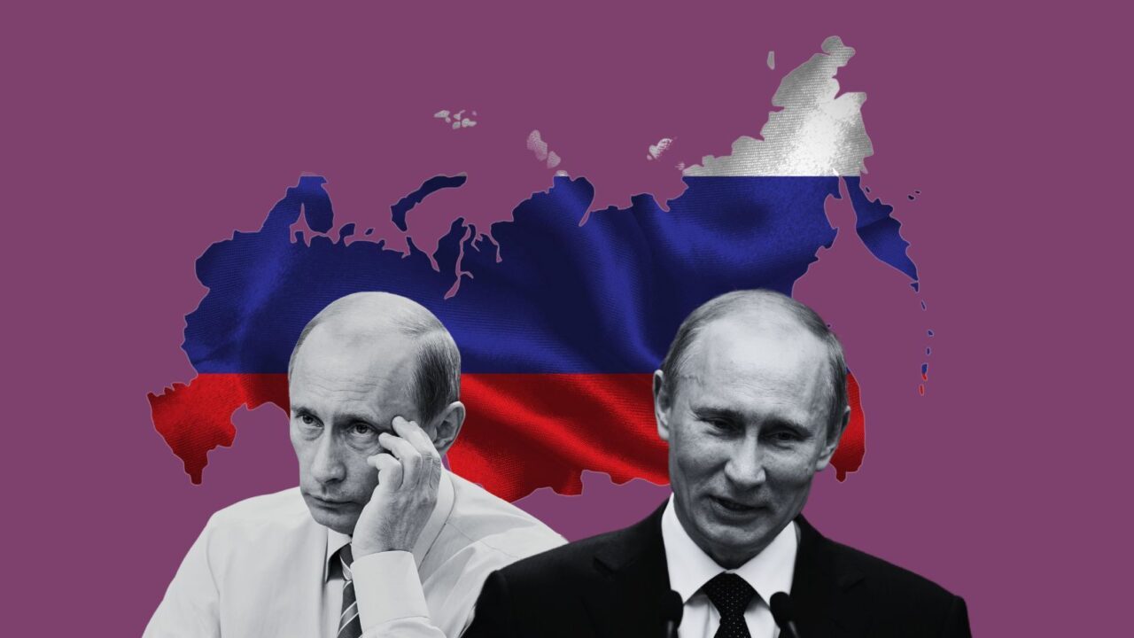 Illustration af Putin foran grafik af Rusland