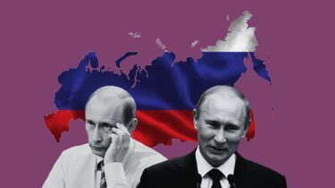 Illustration af Putin foran grafik af Rusland