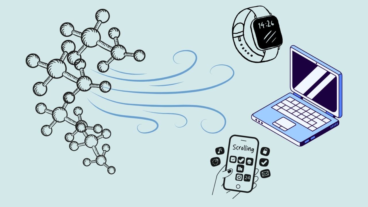 Illustration i tegnet stil af molekyler, hvorfra der blæser en kold brise mod en computer, en mobiltelefon og er smart ur