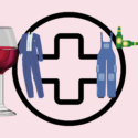 Illustration med rødvinsglas, ølflasker, jakkesæt og overalls