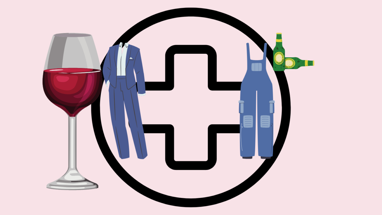 Illustration med rødvinsglas, ølflasker, jakkesæt og overalls