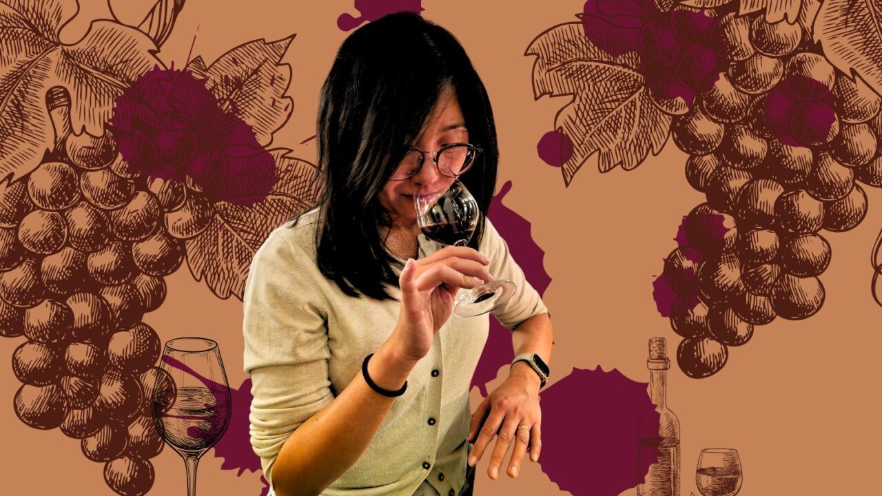 Foto af Qian Janice Wang med illustrationer af vin og druer i baggrunden