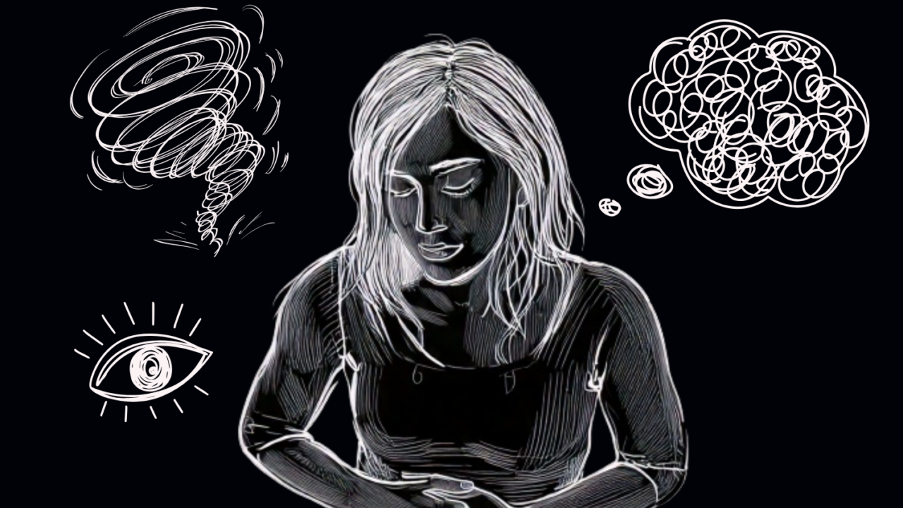 Sort-hvid illustration af kvinde med kroniske smerter og depressive tanker