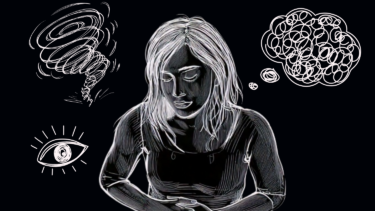 Sort-hvid illustration af kvinde med kroniske smerter og depressive tanker