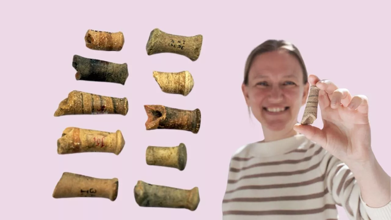 Billeder af potteskår og en af forskerne fra Nationalmuseet
