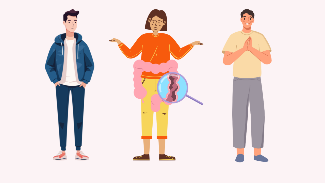 Illustration af tre unge og illustration af tyktarmen