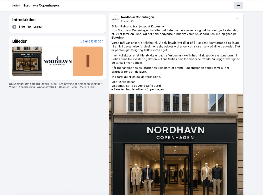 Et skærmbillede af Nordhavn Copenhagens Facebook-side med en introduktion, billeder af deres logo og butiksfacade samt et opslag, der beskriver brandets værdier. Butiksfacaden viser mannequiner i elegant tøj bag store vinduer.