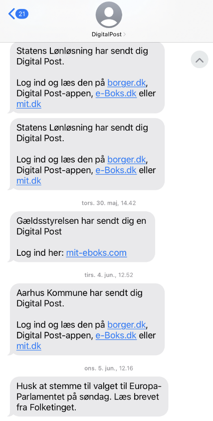 Et skærmbillede af en telefon, der viser adskillige notifikationer fra Dansk Digital Post, med omtale af nye beskeder fra Statens Lønløsning, Gældsstyrelsen, Aarhus Kommune og information om afstemning i Europa-Parlamentet.