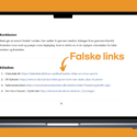 En laptop viser et dokument fra ChatGPT med dansk tekst, et konklusionsafsnit og en liste med links. En orange pil peger på links med etiketten 