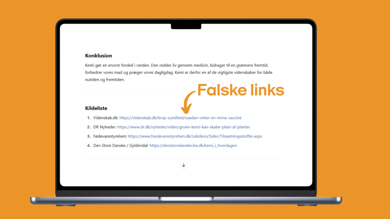 En laptop viser et dokument fra ChatGPT med dansk tekst, et konklusionsafsnit og en liste med links. En orange pil peger på links med etiketten "Falske links" på en orange baggrund.