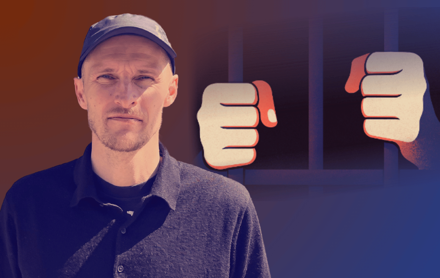 David Sausdal i collage med illustration af hænder, der holder i fængselstremmer