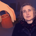Esther Oluffa Pedersen og illustration af en hånd, der stjæler en coladåse i en butik