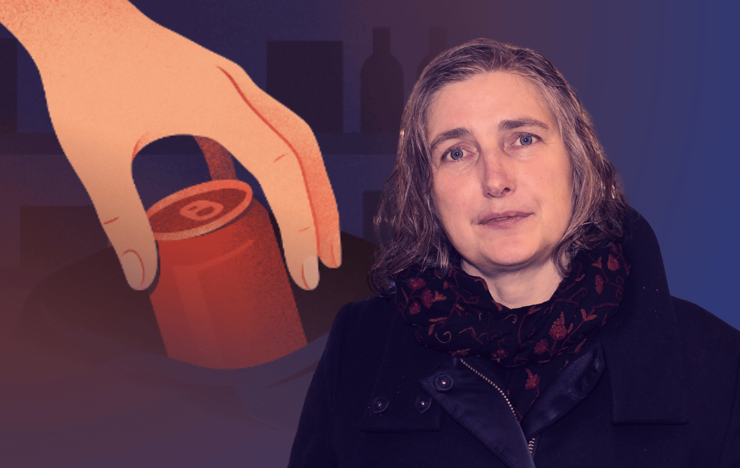 Esther Oluffa Pedersen og illustration af en hånd, der stjæler en coladåse i en butik