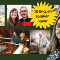 En collage af billeder, der viser en videnskabsmand i forskellige situationer: Han arbejder i et laboratorium, poserer med en kollega, taler på tv, præsenterer for et publikum og har en hættetrøje på. Teksten i en gul streg siger 10 ting, en forsker laver.