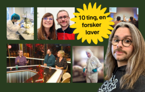 En collage af billeder, der viser en videnskabsmand i forskellige situationer: Han arbejder i et laboratorium, poserer med en kollega, taler på tv, præsenterer for et publikum og har en hættetrøje på. Teksten i en gul streg siger 10 ting, en forsker laver.