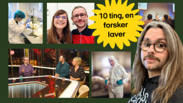 En collage af billeder, der viser en videnskabsmand i forskellige situationer: Han arbejder i et laboratorium, poserer med en kollega, taler på tv, præsenterer for et publikum og har en hættetrøje på. Teksten i en gul streg siger 10 ting, en forsker laver.