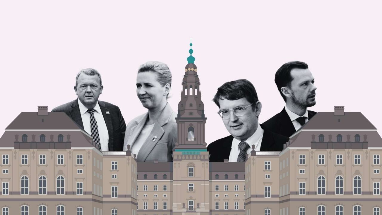 sløret foto af christiansborg, mette frederiksen, lars løkke, peter hummelgaard og troels lund poulsen