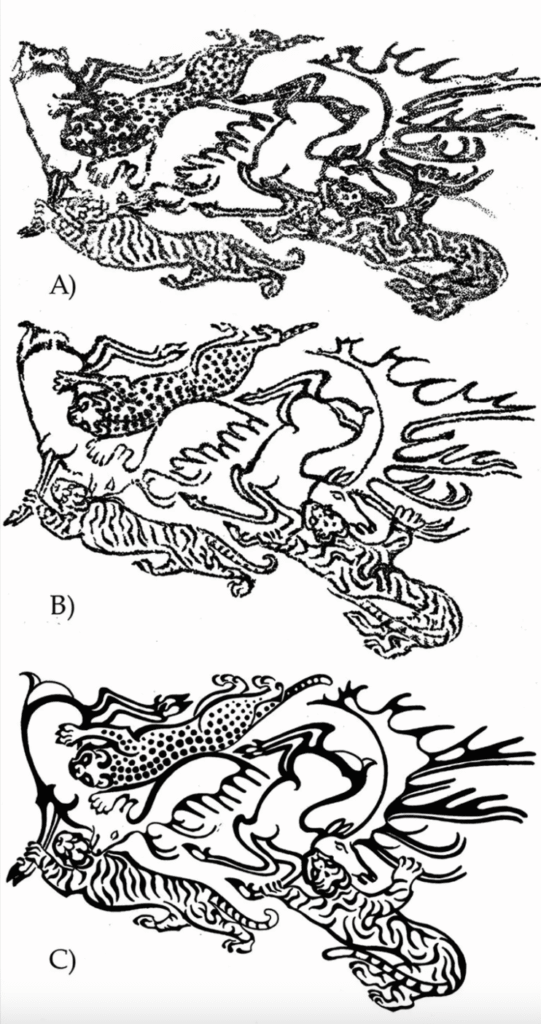 Tre versioner (A, B, C) af det samme billede viser et plettet kattedyr, der angriber et større stribet kattedyr med en lang hale. Hver version stiger i klarhed og stilisering fra skitseagtige linjer (A) til detaljerede (B) og rene konturer (C).